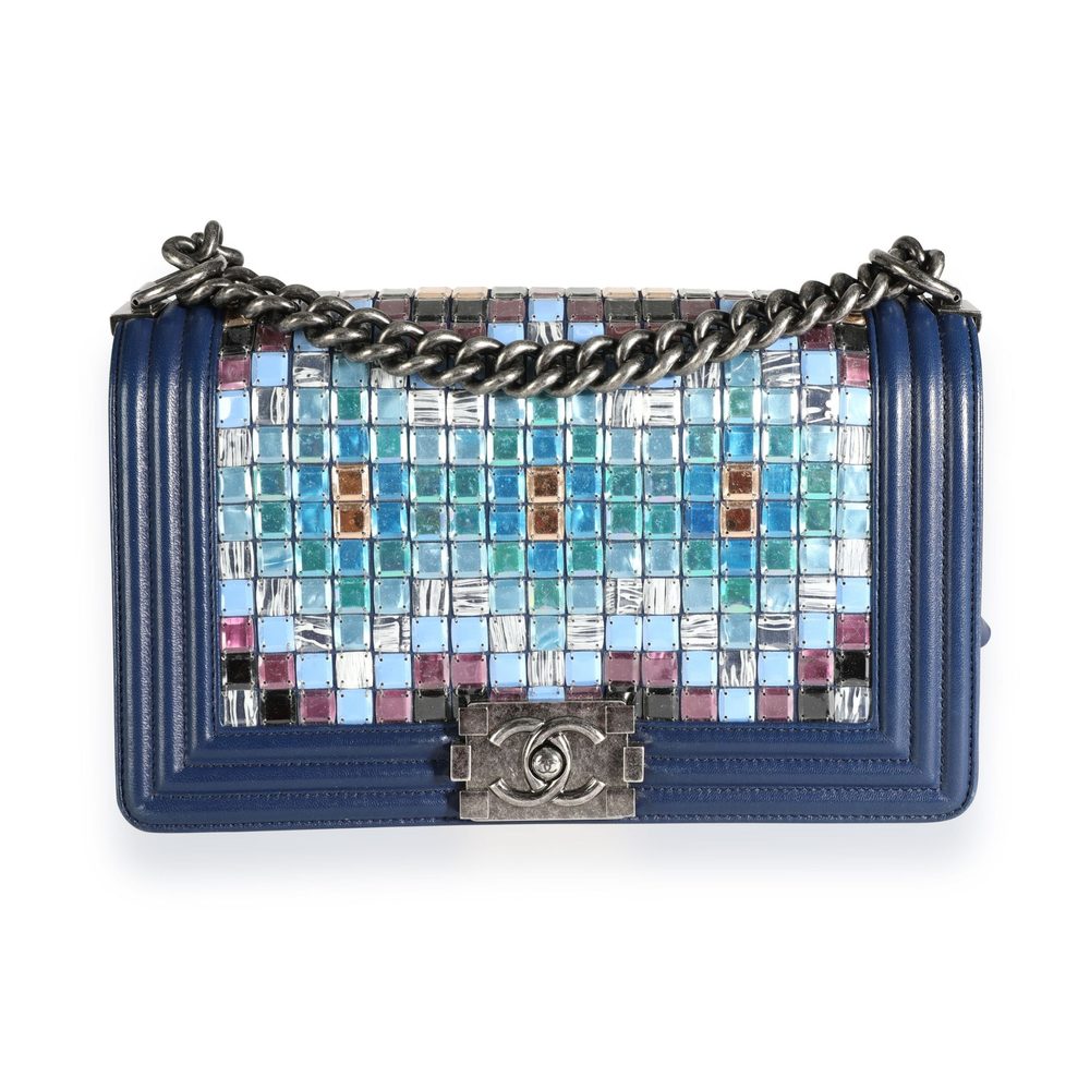 Chanel Limited Edition Navy Blue Leather & Mosaic Medium Boy Bag
